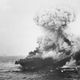 The USS Lexington explodes after being bombed by Japanese planes in the Battle of the Coral Sea in the South Pacific in June 1942, during World War II.